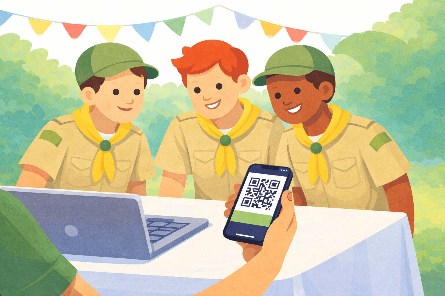 Illustrated scout fundraiser check-in scene