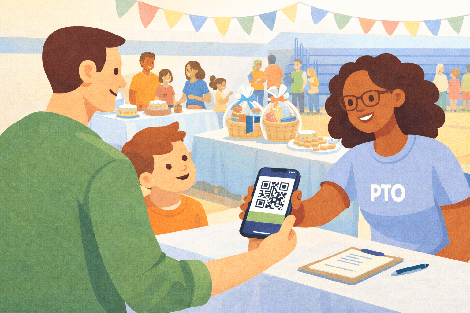 Illustrated school fundraiser and PTO event scene