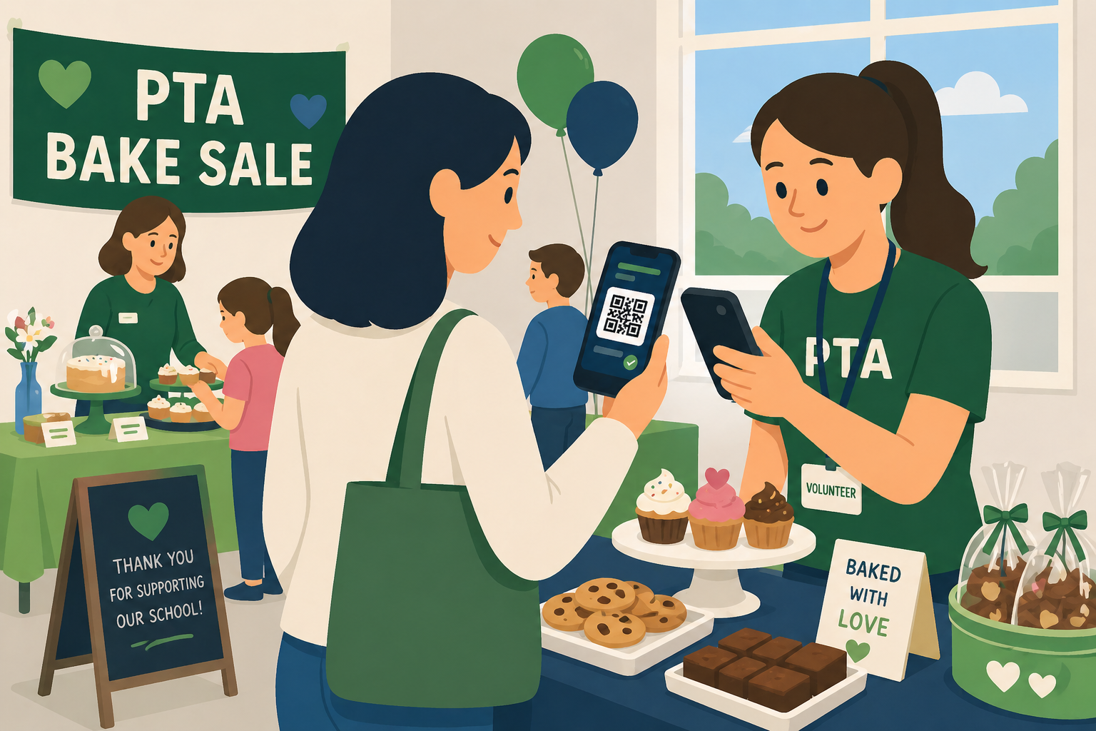 Illustrated school fundraiser and PTO event scene